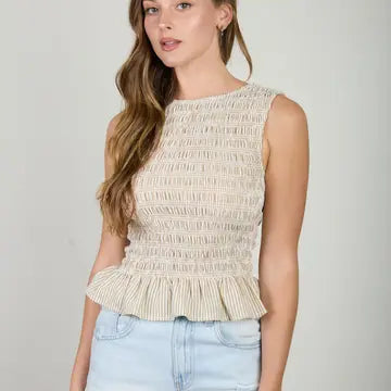 Stripe Sleeveless Smocked Blouse