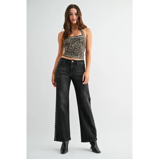 Mid-Rise Wide Leg Embellished Side